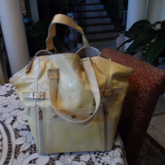 Yves St Laurent Rive Gauche Downtown YSL" Patent Yellow Leather Large Tote Bag - Picture 1 of 16